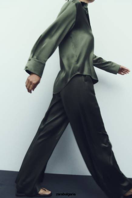 Zara облекло 66FT334 Жени риза със сатенен ефект тъмнозелено