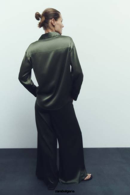 Zara облекло 66FT334 Жени риза със сатенен ефект тъмнозелено