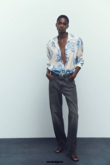 Zara облекло 66FT336 Жени сатенена риза с флорален принт синьо/бяло