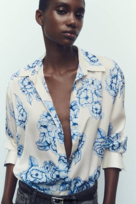 Zara облекло 66FT336 Жени сатенена риза с флорален принт синьо/бяло