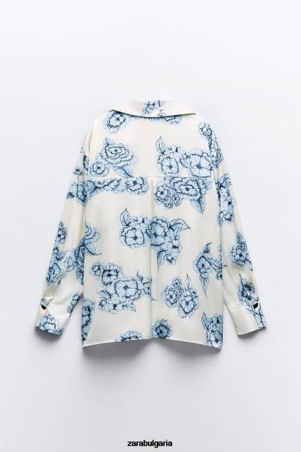 Zara облекло 66FT336 Жени сатенена риза с флорален принт синьо/бяло