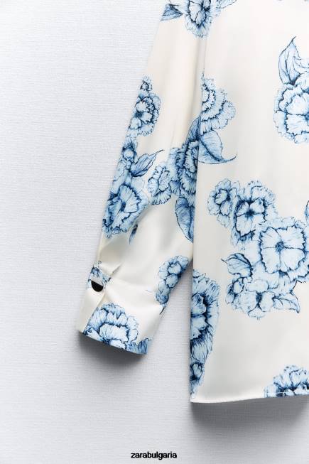 Zara облекло 66FT336 Жени сатенена риза с флорален принт синьо/бяло