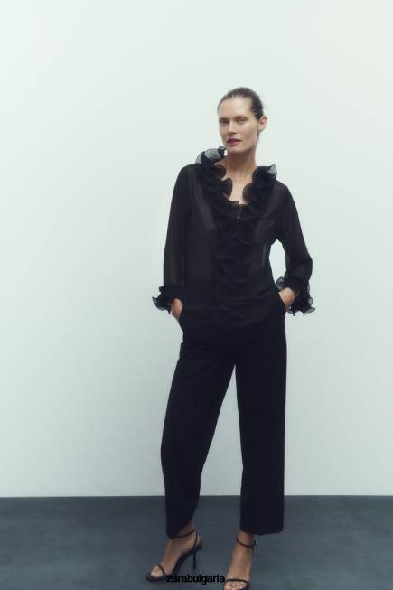 Zara облекло 66FT337 Жени полупрозрачна блуза с плисирани волани черен