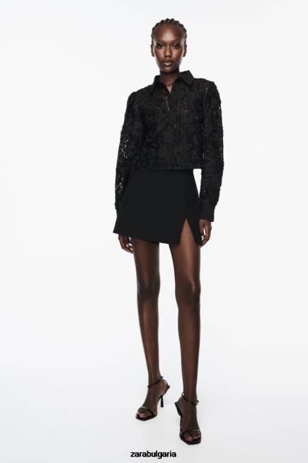 Zara облекло 66FT340 Жени изрязана риза с текстурирани цветя черен