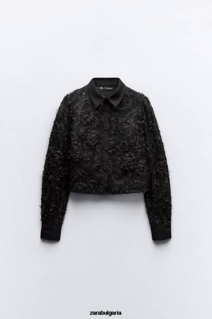 Zara облекло 66FT340 Жени изрязана риза с текстурирани цветя черен