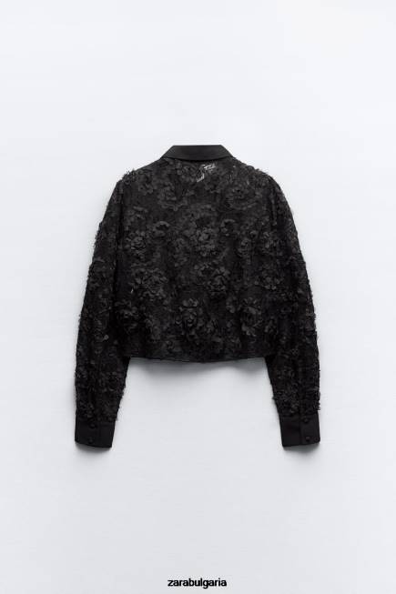Zara облекло 66FT340 Жени изрязана риза с текстурирани цветя черен