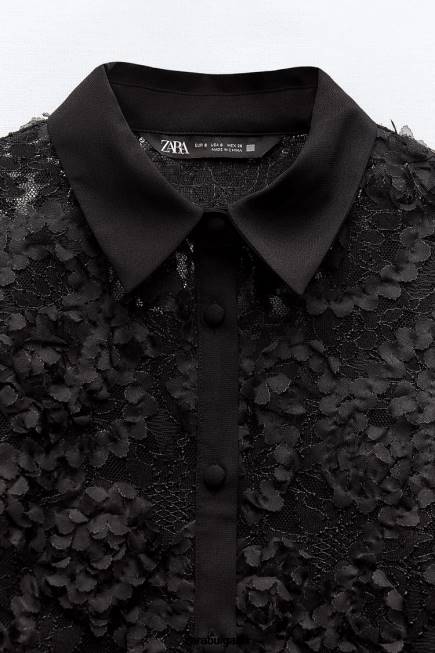 Zara облекло 66FT340 Жени изрязана риза с текстурирани цветя черен