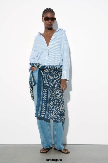 Zara облекло 66FT341 Жени риза от смесен лен на райета синьо/бяло