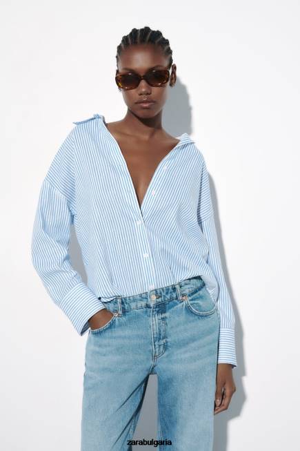Zara облекло 66FT341 Жени риза от смесен лен на райета синьо/бяло