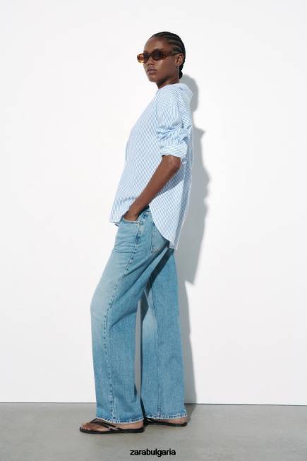 Zara облекло 66FT341 Жени риза от смесен лен на райета синьо/бяло