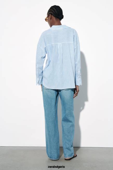 Zara облекло 66FT341 Жени риза от смесен лен на райета синьо/бяло