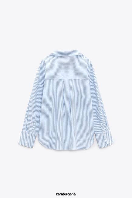 Zara облекло 66FT341 Жени риза от смесен лен на райета синьо/бяло