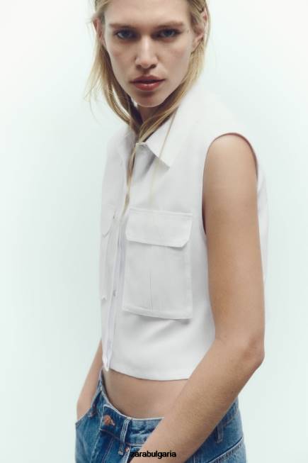 Zara облекло 66FT345 Жени изрязана риза с джобове бяло