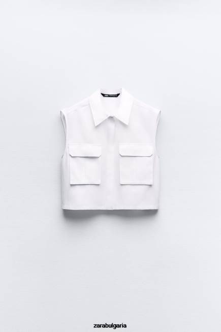 Zara облекло 66FT345 Жени изрязана риза с джобове бяло