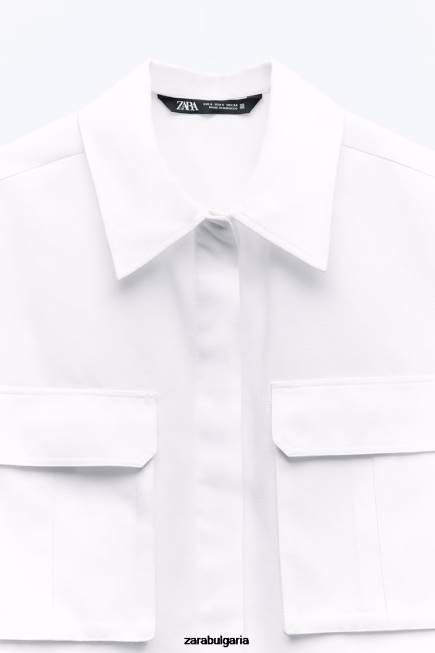 Zara облекло 66FT345 Жени изрязана риза с джобове бяло