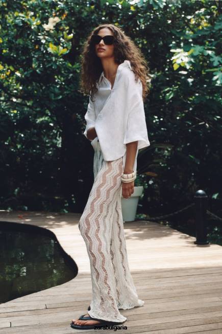 Zara облекло 66FT346 Жени ленена блуза с поло яка бяла стрида