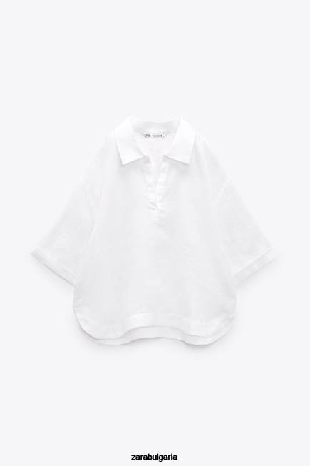 Zara облекло 66FT346 Жени ленена блуза с поло яка бяла стрида