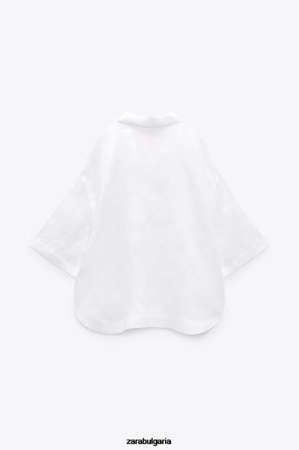 Zara облекло 66FT346 Жени ленена блуза с поло яка бяла стрида