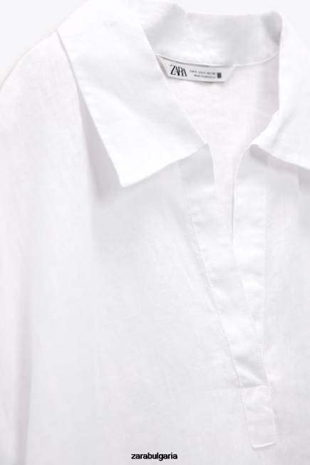 Zara облекло 66FT346 Жени ленена блуза с поло яка бяла стрида