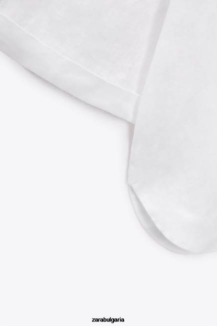 Zara облекло 66FT346 Жени ленена блуза с поло яка бяла стрида