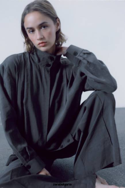 Zara облекло 66FT347 Жени плисирана тениска сиво