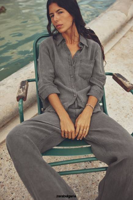 Zara облекло 66FT350 Жени ленена риза с джобове сиво