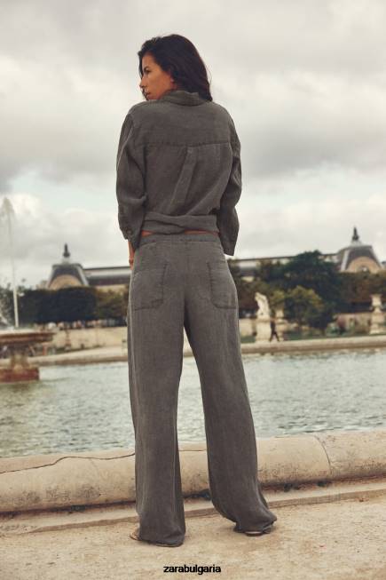 Zara облекло 66FT350 Жени ленена риза с джобове сиво