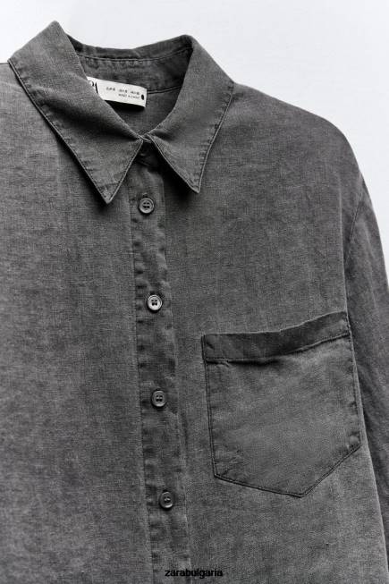 Zara облекло 66FT350 Жени ленена риза с джобове сиво