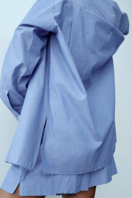 Zara облекло 66FT351 Жени раирана мъжка риза от поплин син