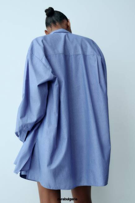 Zara облекло 66FT351 Жени раирана мъжка риза от поплин син