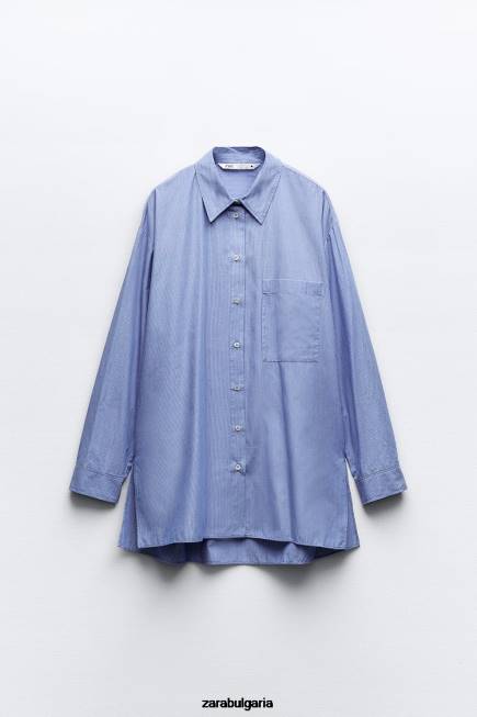 Zara облекло 66FT351 Жени раирана мъжка риза от поплин син