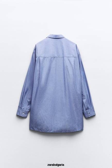 Zara облекло 66FT351 Жени раирана мъжка риза от поплин син