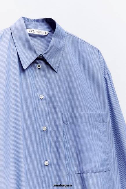 Zara облекло 66FT351 Жени раирана мъжка риза от поплин син