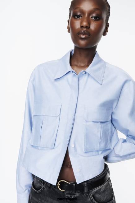 Zara облекло 66FT352 Жени изрязана оксфордска риза синьо/бяло
