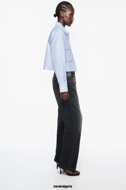 Zara облекло 66FT352 Жени изрязана оксфордска риза синьо/бяло