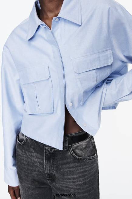 Zara облекло 66FT352 Жени изрязана оксфордска риза синьо/бяло