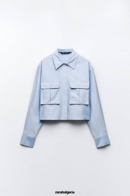 Zara облекло 66FT352 Жени изрязана оксфордска риза синьо/бяло