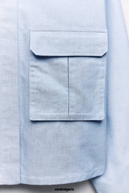 Zara облекло 66FT352 Жени изрязана оксфордска риза синьо/бяло