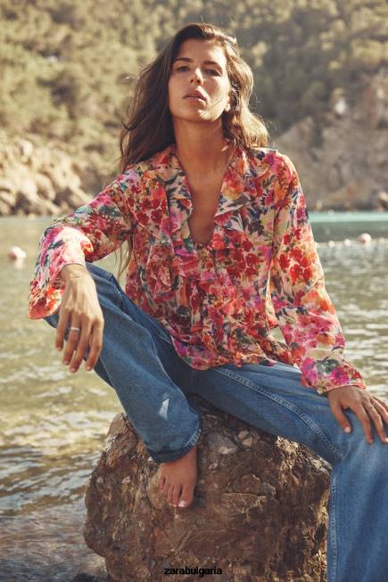Zara облекло 66FT354 Жени риза с волани с флорален принт многоцветен