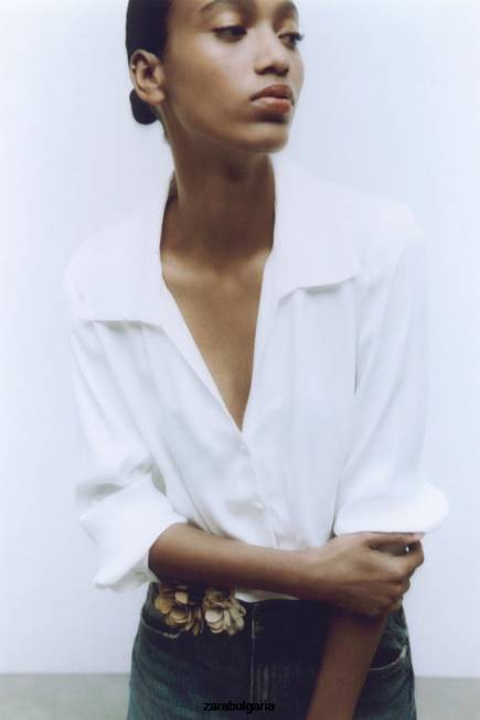 Zara облекло 66FT356 Жени изрязана риза със сатенен ефект бяло