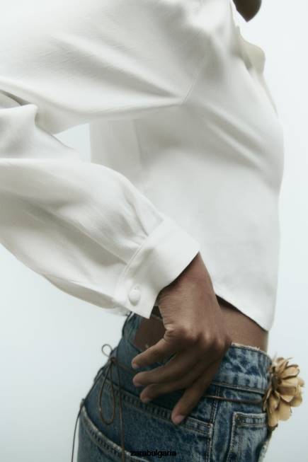 Zara облекло 66FT356 Жени изрязана риза със сатенен ефект бяло