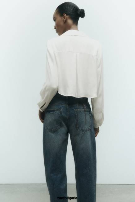 Zara облекло 66FT356 Жени изрязана риза със сатенен ефект бяло