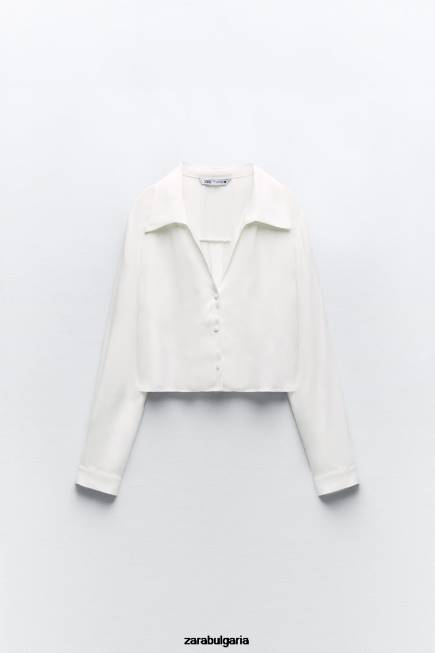 Zara облекло 66FT356 Жени изрязана риза със сатенен ефект бяло
