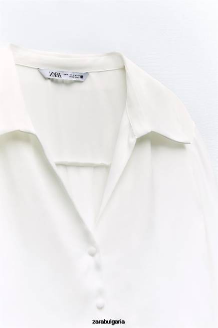 Zara облекло 66FT356 Жени изрязана риза със сатенен ефект бяло