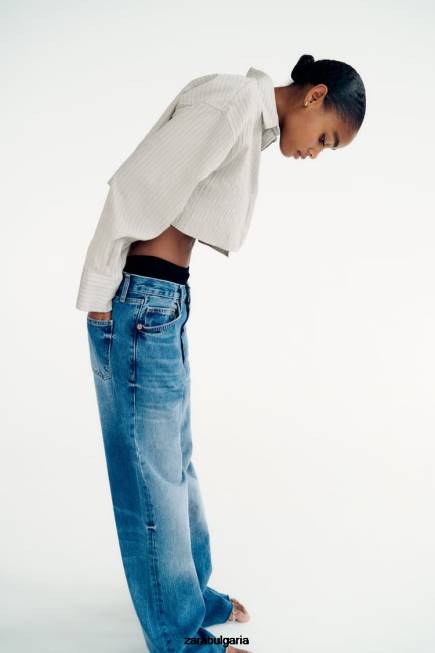 Zara облекло 66FT357 Жени изрязана риза на райета сиво