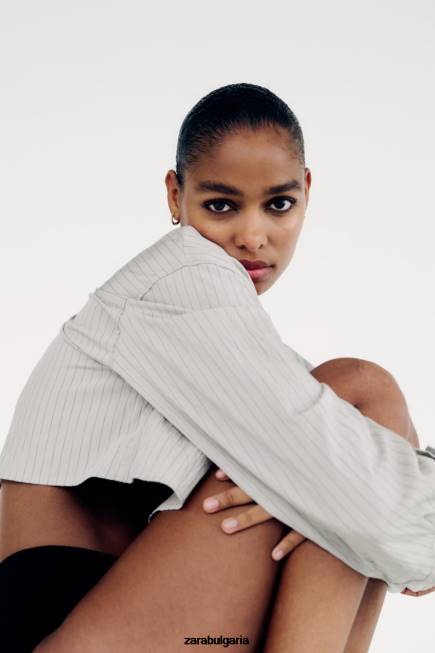 Zara облекло 66FT357 Жени изрязана риза на райета сиво