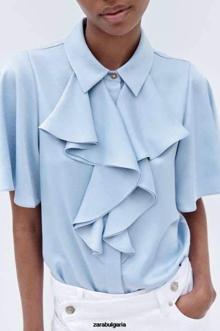 Zara облекло 66FT358 Жени риза със сатенен ефект на волани светло синьо