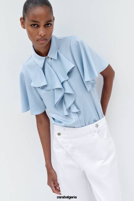 Zara облекло 66FT358 Жени риза със сатенен ефект на волани светло синьо