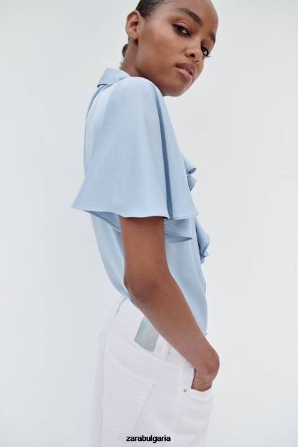 Zara облекло 66FT358 Жени риза със сатенен ефект на волани светло синьо