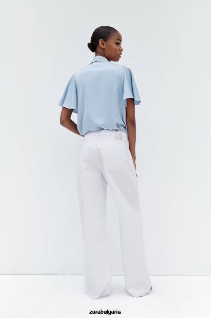 Zara облекло 66FT358 Жени риза със сатенен ефект на волани светло синьо